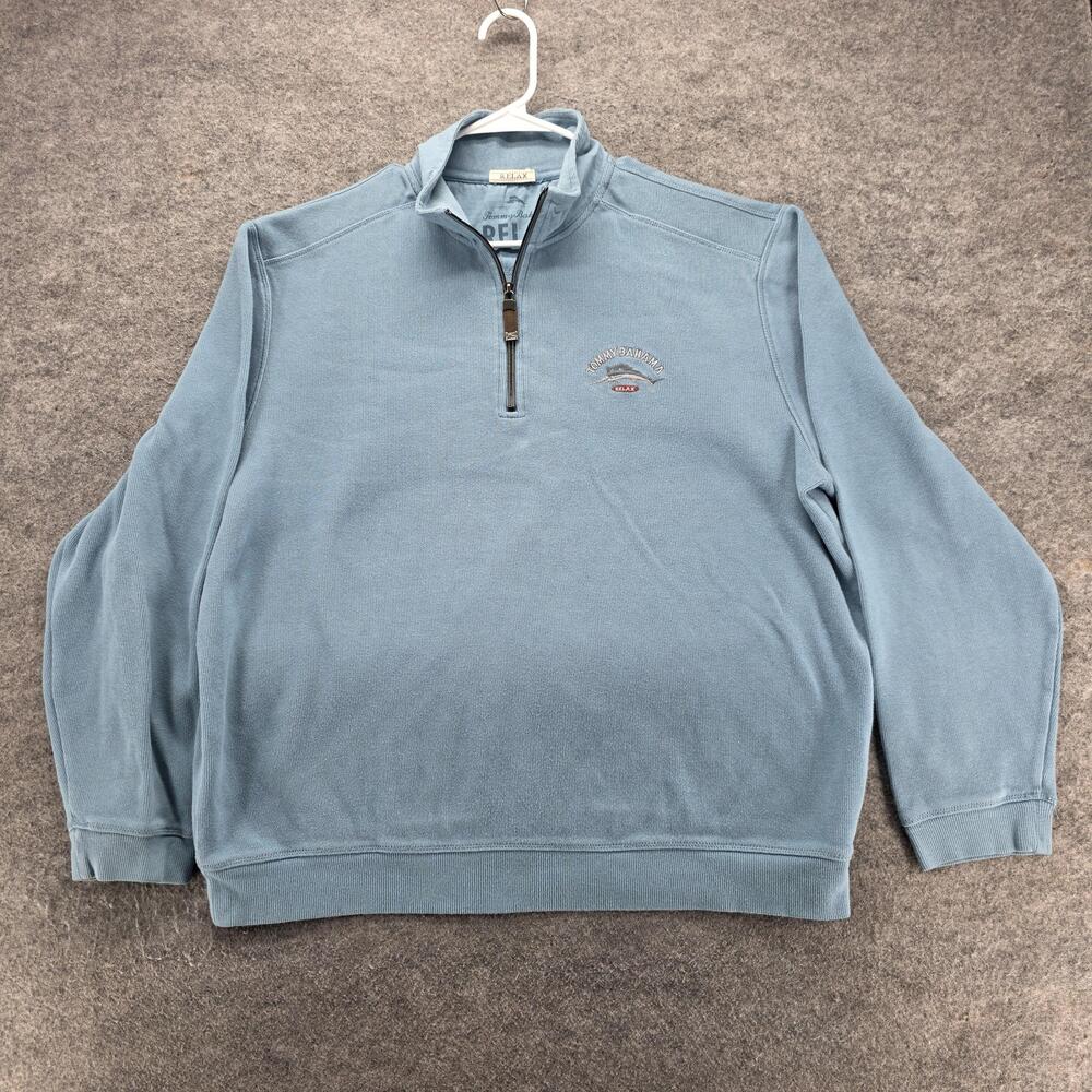 Tommy Bahama Sweatshirt Mens XL Blue Pullover 1/4 Zip Mock Neck Embroidered